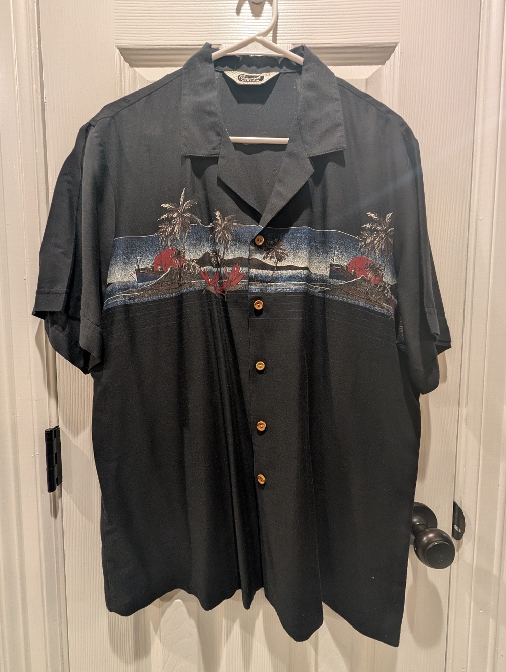 Triumph  Black Hawaiian Camp Shirt with Sunset Motif